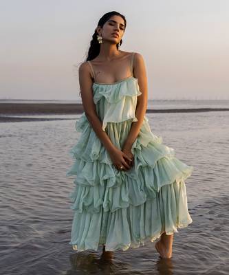 MINT BLUE FULL RUFFLE DRESS WITH CHITTA WORK AND EMBROIDERED STRAP 1