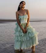 MINT BLUE FULL RUFFLE DRESS WITH CHITTA WORK AND EMBROIDERED STRAP