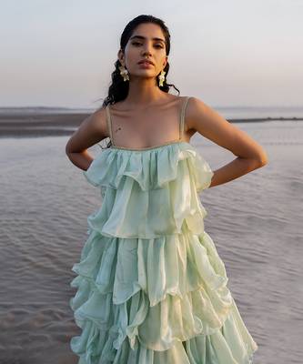 MINT BLUE FULL RUFFLE DRESS WITH CHITTA WORK AND EMBROIDERED STRAP 3