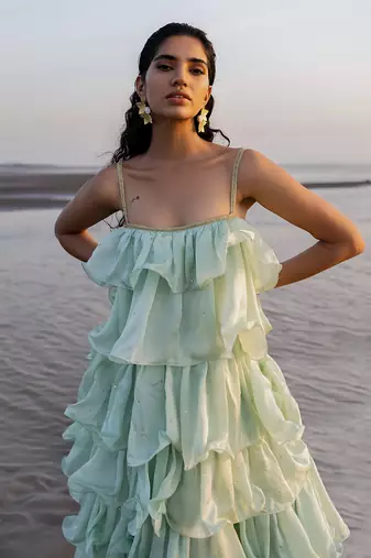 MINT BLUE FULL RUFFLE DRESS WITH CHITTA WORK AND EMBROIDERED STRAP