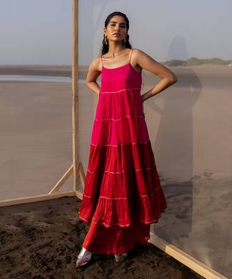 RANI PINK+RED 6 LAYER CUTDANA LINE TIER DRESS WITH RED PALAZZO 1