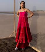 RANI PINK+RED 6 LAYER CUTDANA LINE TIER DRESS WITH RED PALAZZO