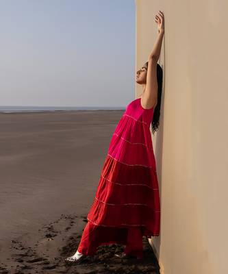 RANI PINK+RED 6 LAYER CUTDANA LINE TIER DRESS WITH RED PALAZZO 2