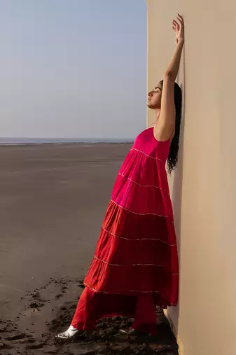 RANI PINK+RED 6 LAYER CUTDANA LINE TIER DRESS WITH RED PALAZZO
