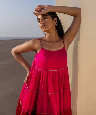 RANI PINK+RED 6 LAYER CUTDANA LINE TIER DRESS WITH RED PALAZZO 3