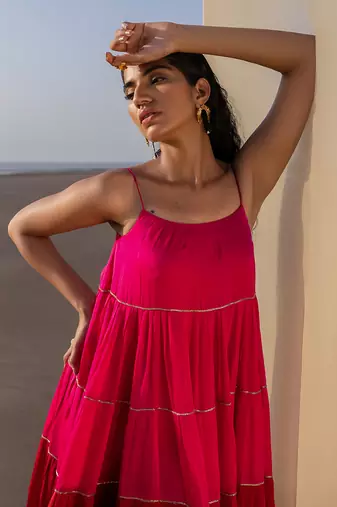 RANI PINK+RED 6 LAYER CUTDANA LINE TIER DRESS WITH RED PALAZZO