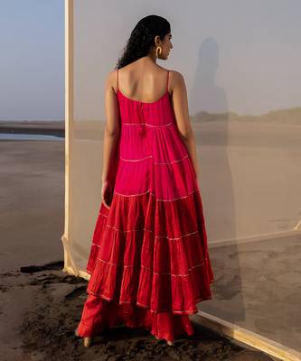 RANI PINK+RED 6 LAYER CUTDANA LINE TIER DRESS WITH RED PALAZZO 4
