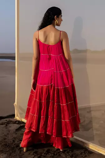 RANI PINK+RED 6 LAYER CUTDANA LINE TIER DRESS WITH RED PALAZZO