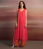 Printed Flower Embroidered Loose Kurta With Pink-Orange Stripe Pant