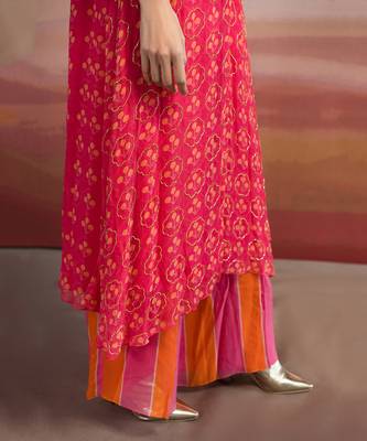 Printed Flower Embroidered Loose Kurta With Pink-Orange Stripe Pant 2