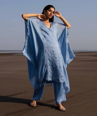 Powder Blue Flower Embroidered Cowl Kurta In Cutdana , Nakshi And Tikki With Loose Pants 1