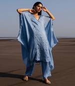 Powder Blue Flower Embroidered Cowl Kurta In Cutdana , Nakshi And Tikki With Loose Pants