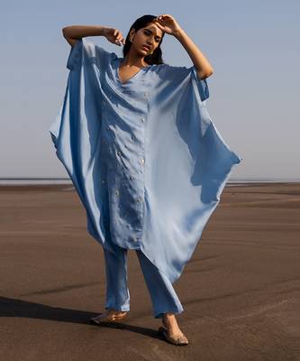 Powder Blue Flower Embroidered Cowl Kurta In Cutdana , Nakshi And Tikki With Loose Pants 2