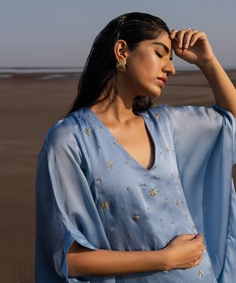 Powder Blue Flower Embroidered Cowl Kurta In Cutdana , Nakshi And Tikki With Loose Pants 3