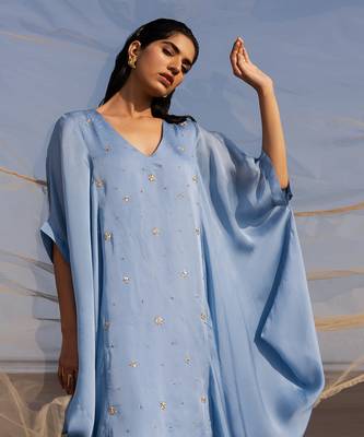 Powder Blue Flower Embroidered Cowl Kurta In Cutdana , Nakshi And Tikki With Loose Pants 4