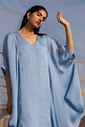 Powder Blue Flower Embroidered Cowl Kurta In Cutdana , Nakshi And Tikki With Loose Pants