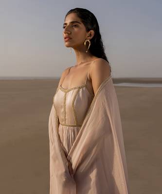 Ivory Backless Anarkali In Line Embroidery With Border Dupatta 3