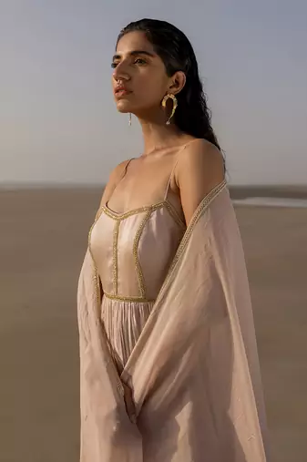 Ivory Backless Anarkali In Line Embroidery With Border Dupatta