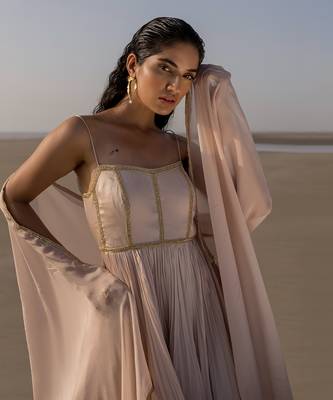 Ivory Backless Anarkali In Line Embroidery With Border Dupatta 4