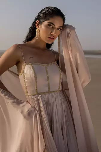 Ivory Backless Anarkali In Line Embroidery With Border Dupatta