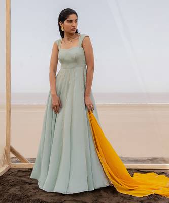 Mint Blue 12 Kali Salli Line Chitta Embroidery Anarkali With Mango Yellow Line Scallop Dupatta 1