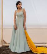 Mint Blue 12 Kali Salli Line Chitta Embroidery Anarkali With Mango Yellow Line Scallop Dupatta