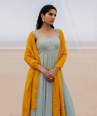 Mint Blue 12 Kali Salli Line Chitta Embroidery Anarkali With Mango Yellow Line Scallop Dupatta 2