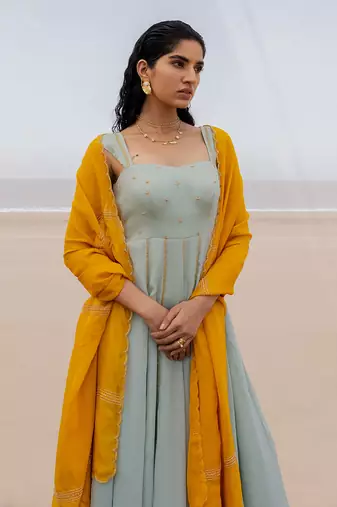 Mint Blue 12 Kali Salli Line Chitta Embroidery Anarkali With Mango Yellow Line Scallop Dupatta