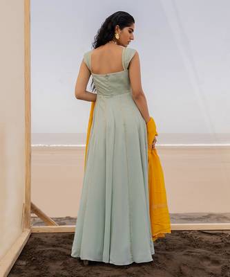 Mint Blue 12 Kali Salli Line Chitta Embroidery Anarkali With Mango Yellow Line Scallop Dupatta 3