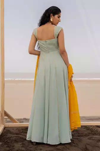 Mint Blue 12 Kali Salli Line Chitta Embroidery Anarkali With Mango Yellow Line Scallop Dupatta