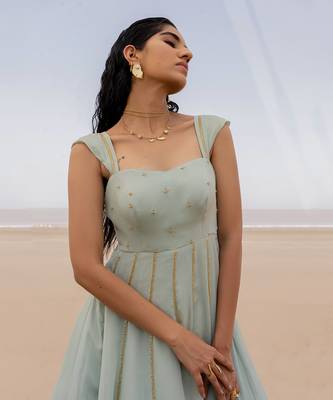 Mint Blue 12 Kali Salli Line Chitta Embroidery Anarkali With Mango Yellow Line Scallop Dupatta 4