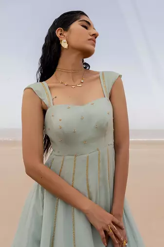 Mint Blue 12 Kali Salli Line Chitta Embroidery Anarkali With Mango Yellow Line Scallop Dupatta