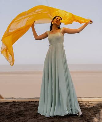 Mint Blue 12 Kali Salli Line Chitta Embroidery Anarkali With Mango Yellow Line Scallop Dupatta 5