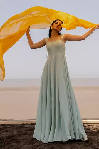 Mint Blue 12 Kali Salli Line Chitta Embroidery Anarkali With Mango Yellow Line Scallop Dupatta