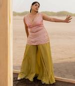 Baby Pink V Neck Jaal Organza Kurti With Ivory Bralette And Lime Kalidar Palazzo With Corner Embroidered Butti Dupatta