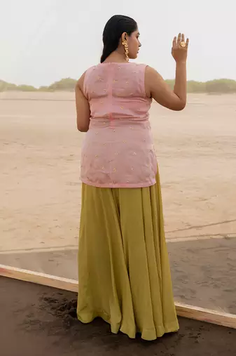 Baby Pink V Neck Jaal Organza Kurti With Ivory Bralette And Lime Kalidar Palazzo With Corner Embroidered Butti Dupatta