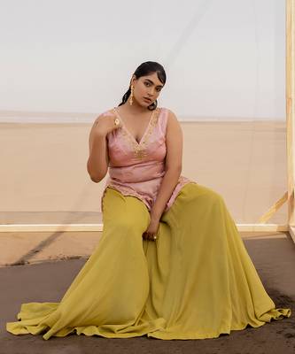 Baby Pink V Neck Jaal Organza Kurti With Ivory Bralette And Lime Kalidar Palazzo With Corner Embroidered Butti Dupatta 3