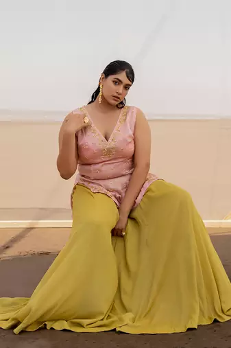 Baby Pink V Neck Jaal Organza Kurti With Ivory Bralette And Lime Kalidar Palazzo With Corner Embroidered Butti Dupatta