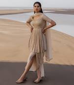 Ivory Heavy Yoke Floral Line Embroidery With Floral Line Scallop Ghera With Dhoti And Border Dupatta