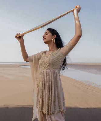 Ivory Heavy Yoke Floral Line Embroidery With Floral Line Scallop Ghera With Dhoti And Border Dupatta 2