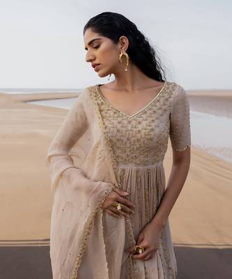 Ivory Heavy Yoke Floral Line Embroidery With Floral Line Scallop Ghera With Dhoti And Border Dupatta 3