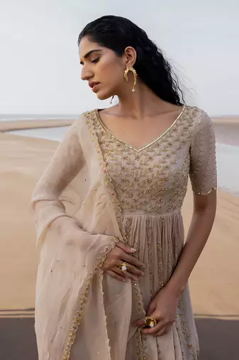 Ivory Heavy Yoke Floral Line Embroidery With Floral Line Scallop Ghera With Dhoti And Border Dupatta