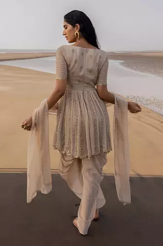 Ivory Heavy Yoke Floral Line Embroidery With Floral Line Scallop Ghera With Dhoti And Border Dupatta