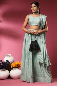 Green Embroidered Chiffon Semi Stitched Lehenga Up To 42" Size