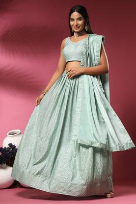 Green Embroidered Chiffon Semi Stitched Lehenga Up To 42" Size 2