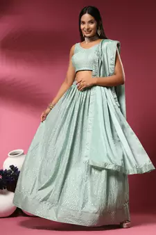 Green Embroidered Chiffon Semi Stitched Lehenga Up To 42" Size
