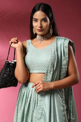 Green Embroidered Chiffon Semi Stitched Lehenga Up To 42" Size 3