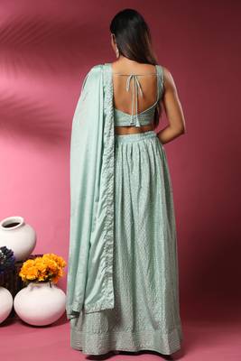 Green Embroidered Chiffon Semi Stitched Lehenga Up To 42" Size 4