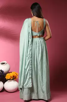 Green Embroidered Chiffon Semi Stitched Lehenga Up To 42" Size