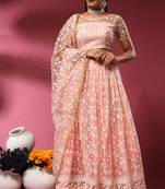Pink Embroidered Net Semi Stitched Lehenga Up To 42" Size